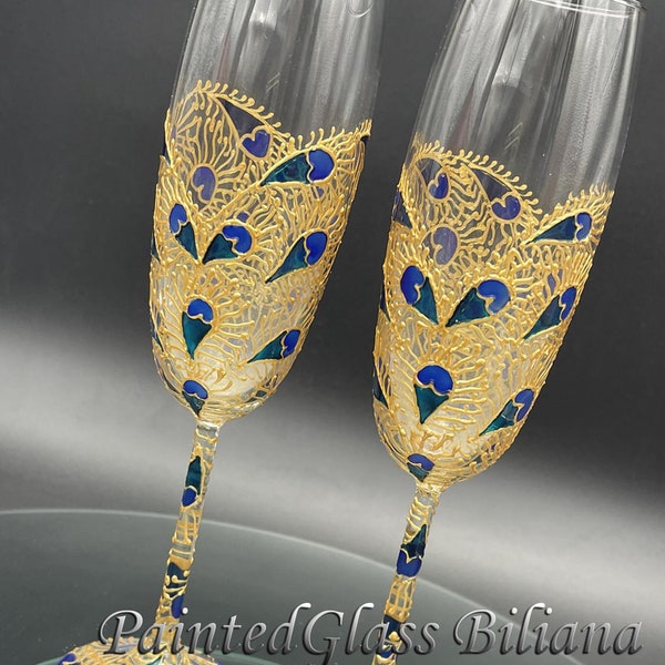 SET of 2 hand painted wedding champagne flutes Lace peacock feather heart in gold, turquoise and blue color