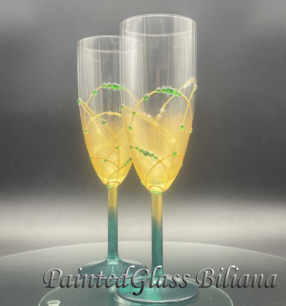 Gold green hand painted wedding champagne flutes, set of 2