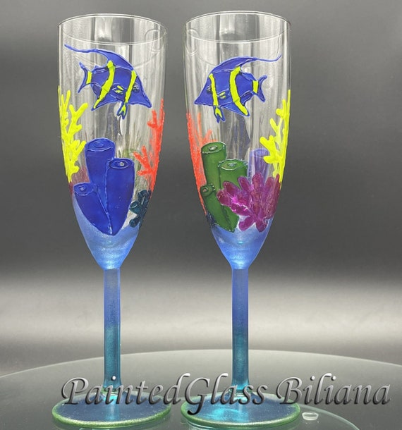Coral reef Wedding Glasses Champagne Flutes Set of 2 Beach Sea wedding theme in red, blue and green