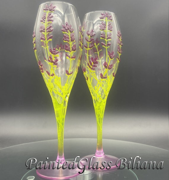 Set of 2 hand painted Lavender champagne glasses