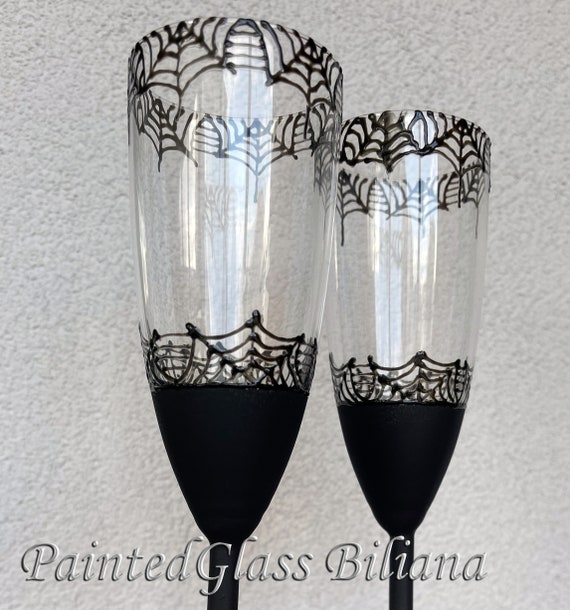 Halloween Black Spider web wedding champagne flutes, Halloween wedding theme