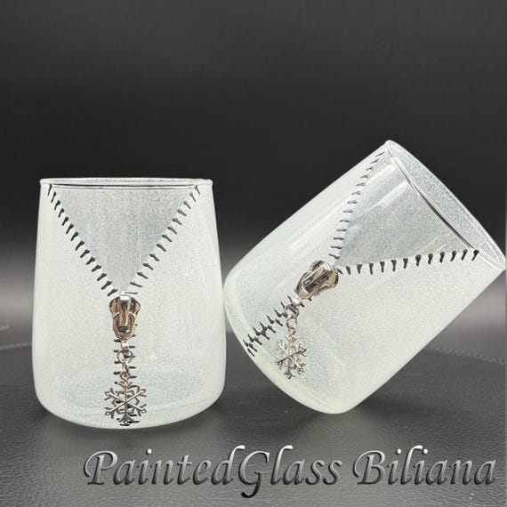 Zipper snowflake stemless  wine glasses, Hand Painted
