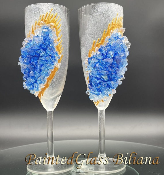 Free shipping Sapphire Blue geode wedding flutes