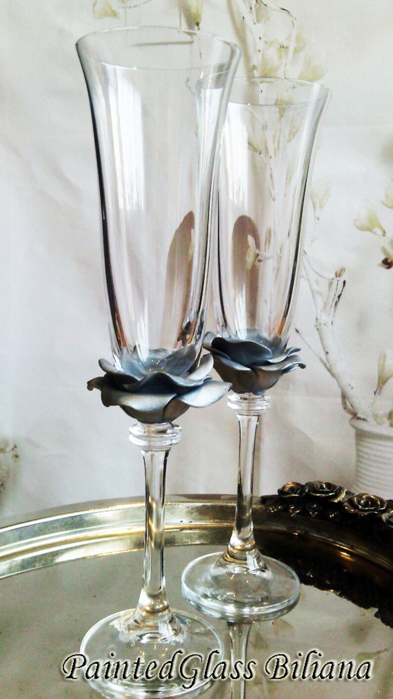 Wedding Glasses Silver Rose Champagne Flutes Hand Decorated Etsy