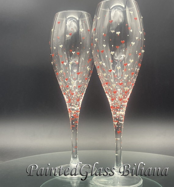 Set of 2 hand painted champagne glasses Valentine's day in pearly white and red color