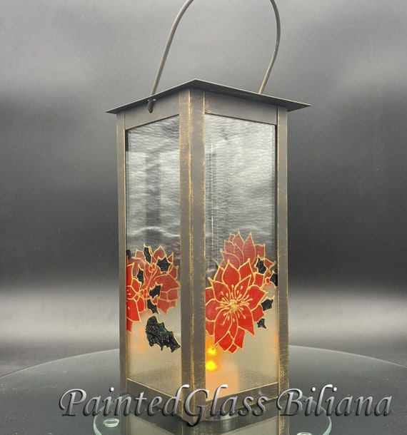 Christmas hand painted Lantern candle holder Christmas winter poinsettia