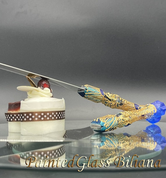 Wedding cake server and knife, Peacock feathers wedding cake accessories, Peacock wedding supplies, blue gold cake serving set, 2 pcs