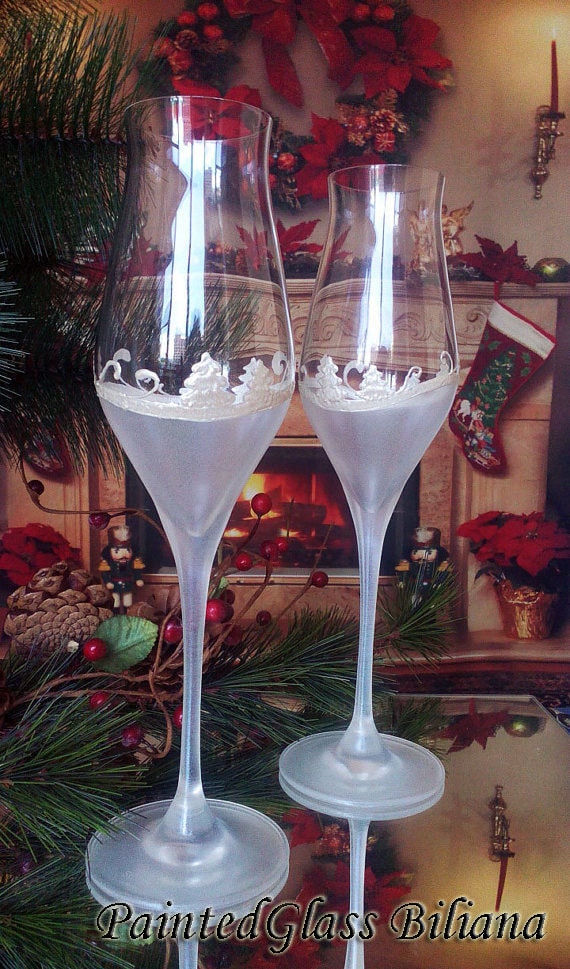 CRYSTAL SET of 2 hand painted wedding champagne flutes Winter Fairy Tale
