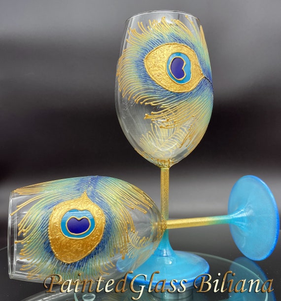 SET of 2 Hand Painted wine glasses Peacock  theme in turquoise, blue and gold color