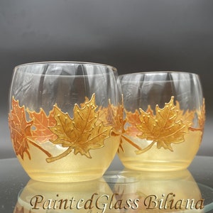 2er Set Herbstahornblätter handbemalte Whiskygläser in Gold- und Kupferfarbe
