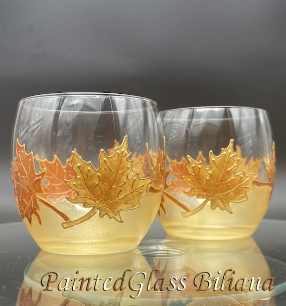 Set of 2 Autumn Maple leaves hand painted whiskey glasses in gold and copper color
