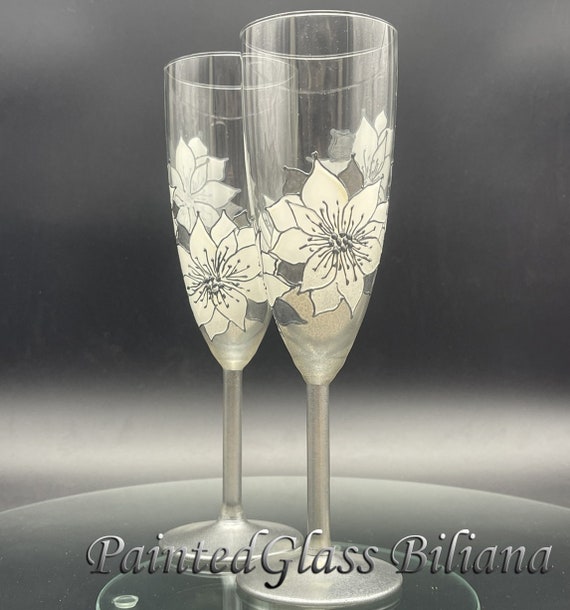 Christmas set of 2 wedding champagne flutes White Poinsettia flower Winter glasses in white and silver
