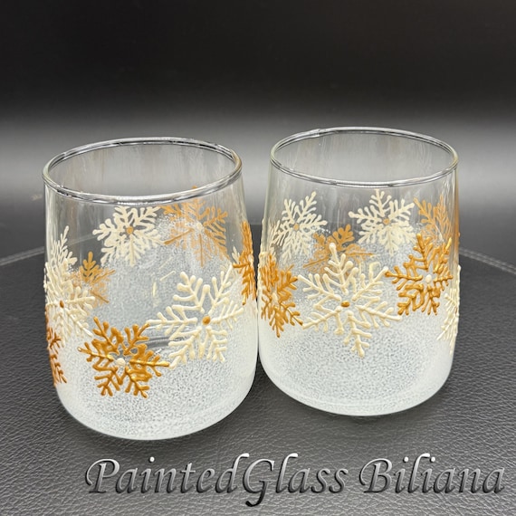 Hand Painted White gold Snowflake Stemless Wine Glasses: Winter Christmas Toasting Set