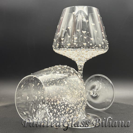 Hand Painted wine glasses: Pearly White Hearts, Set of 2