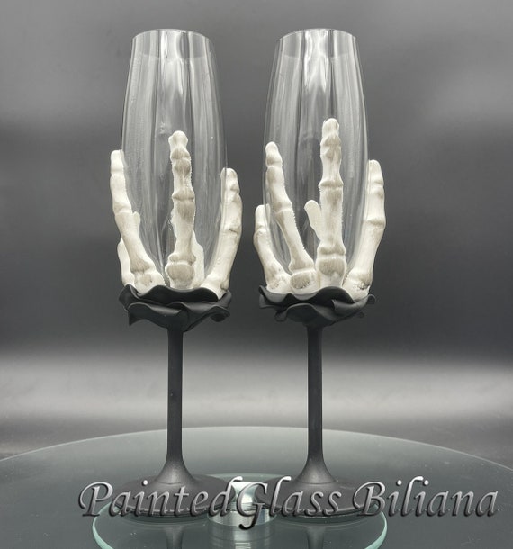 Set of 2 hand painted decorated Wedding Glasses champagne flutes Black Rose Skeleton hand Halloween wedding favor