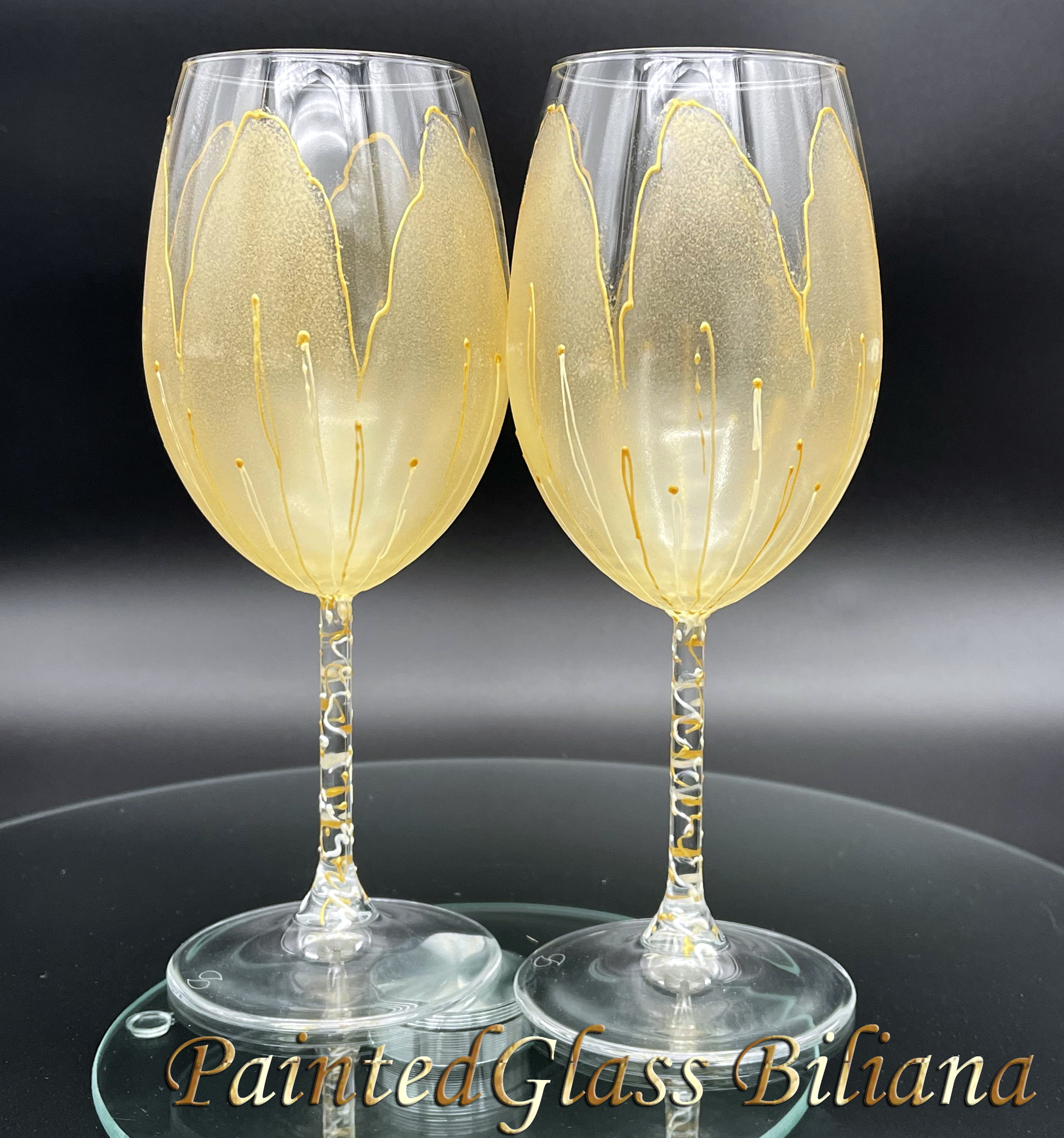 Set of 2 Hand Painted Unique Wine Glasses Golden Tulip 