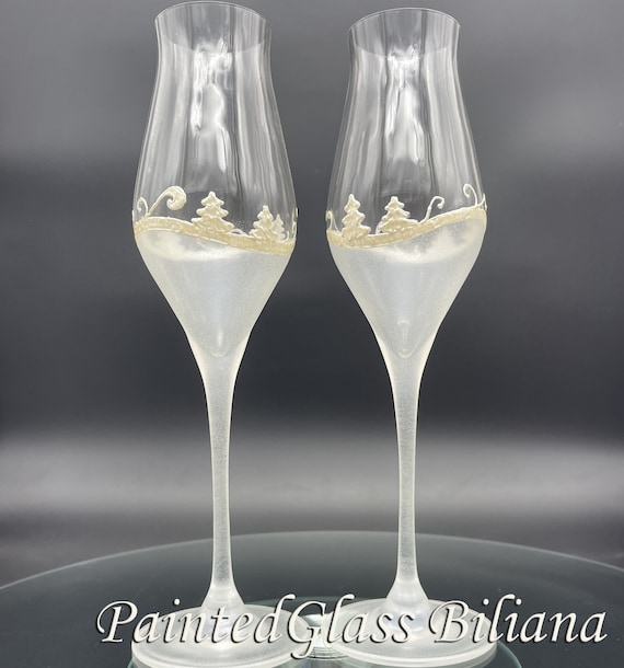 CRYSTAL SET of 2 hand painted wedding champagne flutes Winter Fairy Tale