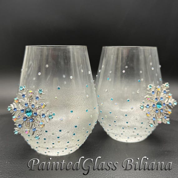 Set of 2 Hand Painted stemless wine toasting glasses Snowflake Sparkle
