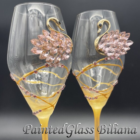 Pink swan wedding champagne flutes
