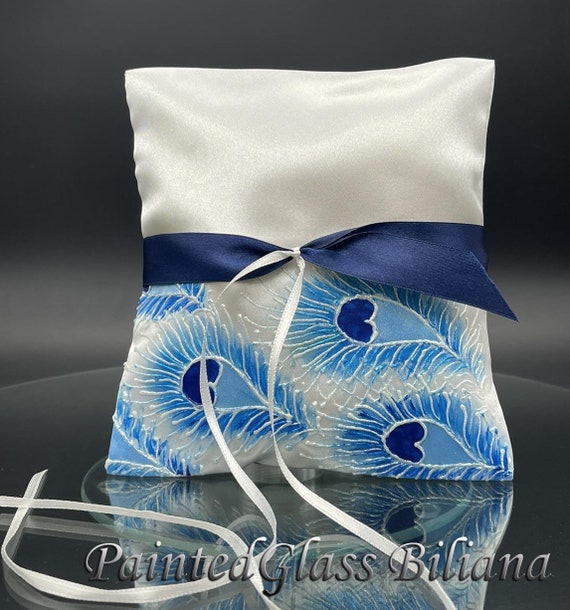 White blue peacock feathers ring pillow