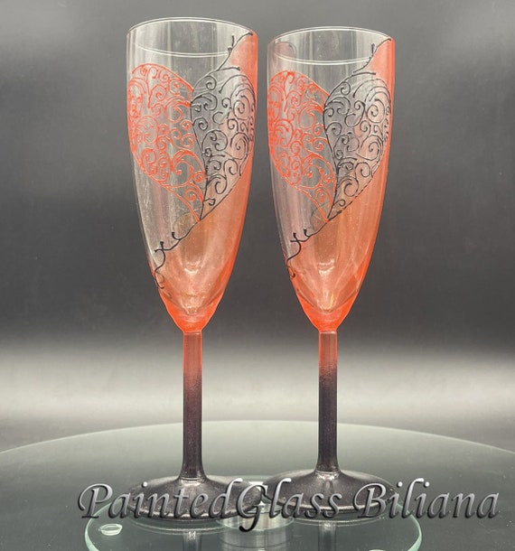 Red and Black Wedding Glasses Champagne Flutes Set of 2 Lace 