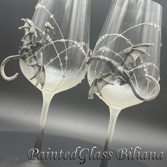 Gray black dragon wedding wine glasses, Set of 2