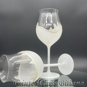 Set of 2 hand painted wine glasses Winter Fairy Tale