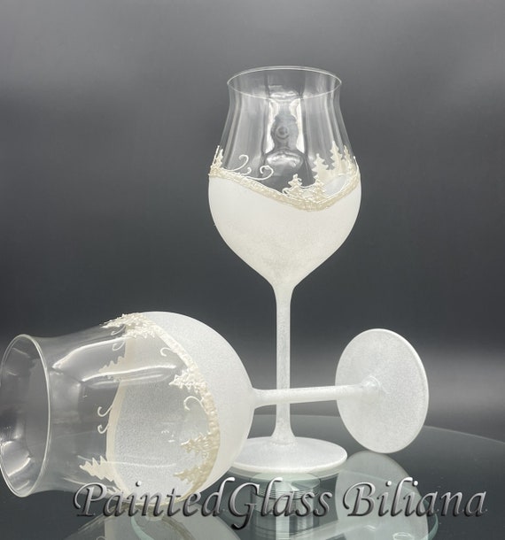 Set of 2 hand painted wine glasses Winter Fairy Tale