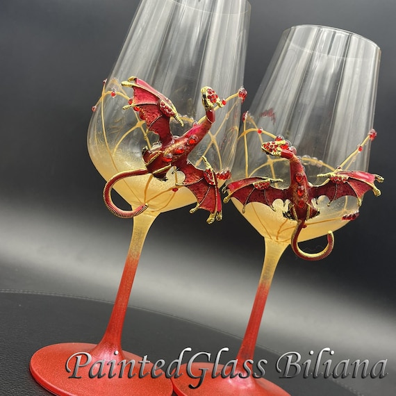 Red gold dragon hand painted wine glasses, Set of 2