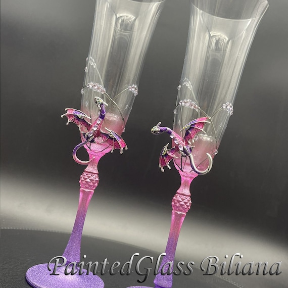 Purple dragon wedding champagne flutes hand painted wedding champagne flutes, Set of 2