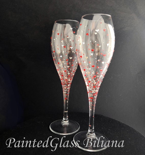 Set of 2 hand painted champagne glasses Valentine's day in pearly white and red color