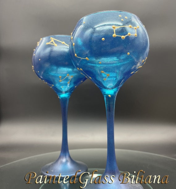 Constellations Set of 2 hand painted toasting wine glasses Night sky personalized glasses in blue and gold color