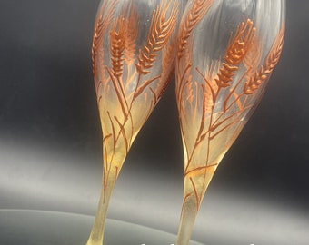 Set of 2 hand painted champagne flutes Autumn wedding theme Wheat Rye flutes wedding barn theme