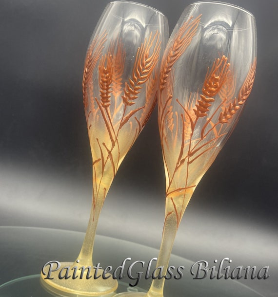Set of 2 hand painted champagne flutes Autumn wedding theme Wheat Rye flutes wedding barn theme