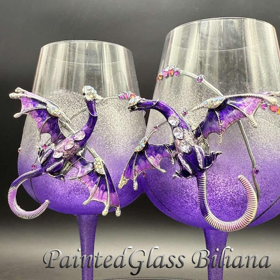 Purple dragon toasting wine glasses, Set of 2
