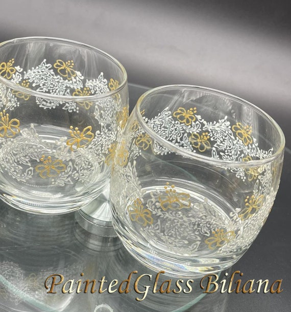 Set of 2 hand painted whiskey glasses Lace