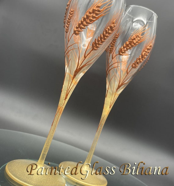 Set of 2 hand painted champagne flutes Autumn wedding theme Wheat Rye flutes wedding barn theme