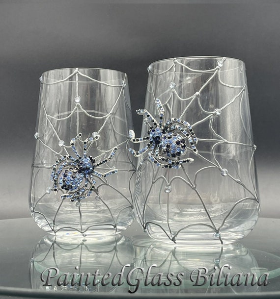 Blue Spider stemless wine glasses, Halloween wedding theme