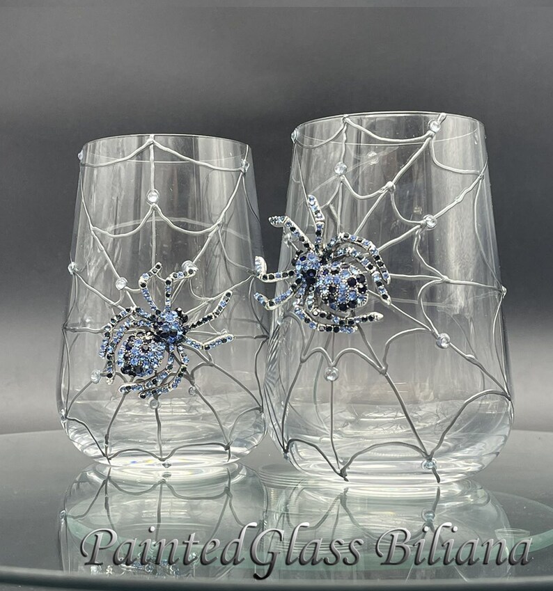 Blue Spider Stemless Wine Glasses, Halloween Wedding Theme - Etsy