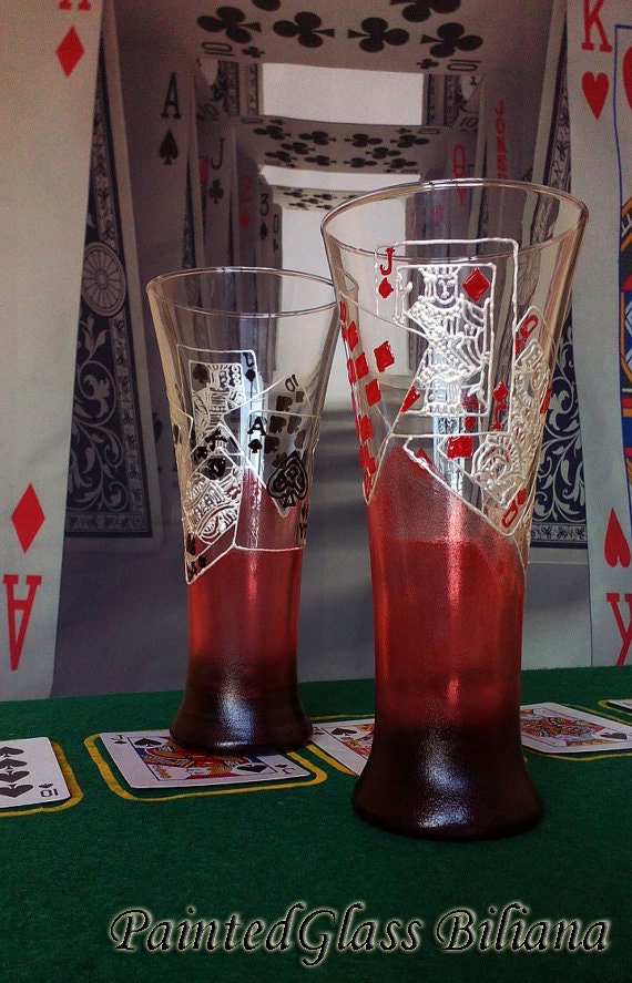 Casino Wedding Glasses Champagne Flutes Set of 2 Pocker Royal Flush in red and black color