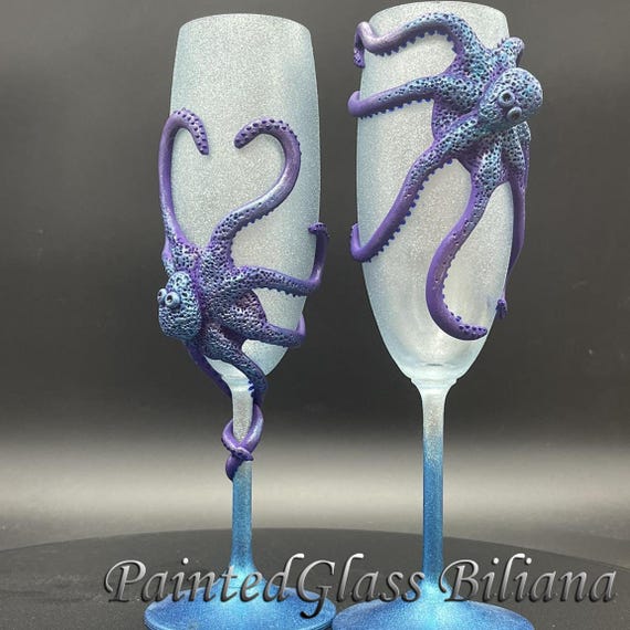 Purple & Blue Octopus wedding champagne flutes, 2 pcs