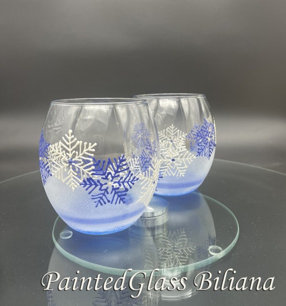 Set of 2 winter hand painted whiskey White and blue Christmas Snowflake glasses