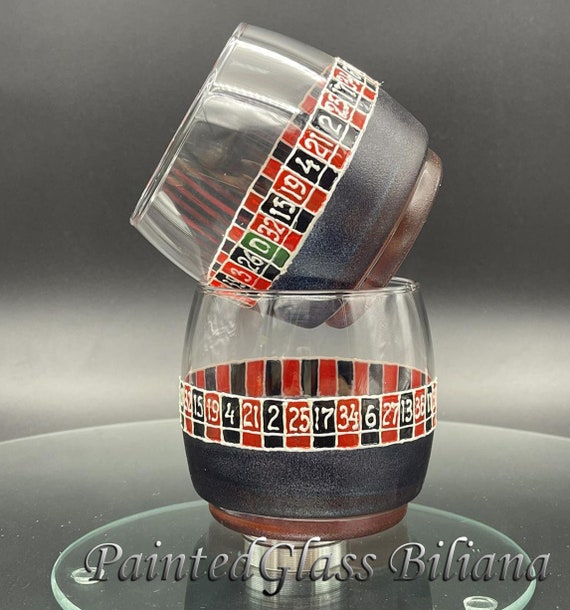 Set of 2 Hand Painted whiskey glasses Las Vegas Casino Roulette Poker in red and black color