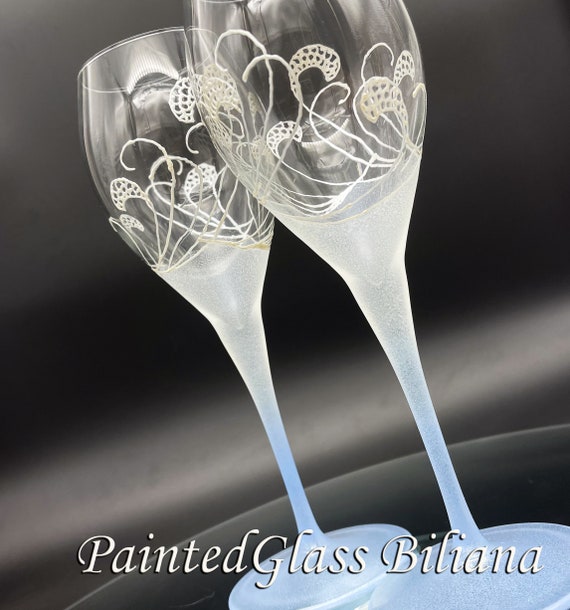 Toasting wine glasses Set of 2 Beach Sea waves in pearly white and blue color