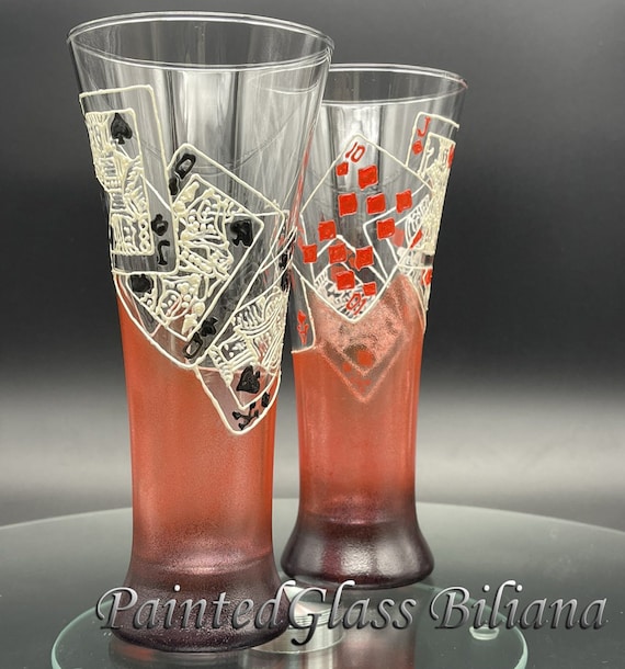 Casino Beer Pilsner Glasses  Set of 2 Pocker Royal Flush in red and black color
