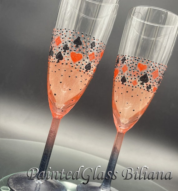 Casino Wedding Glasses Champagne Flutes Set of 2 Heart Spade Club Diamond in red and black color