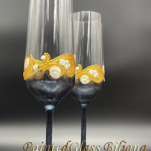 CRYSTAL SET of 2 wedding champagne flutes Inspiration in pearly white, gold and black color Cake serving set Gatsby style