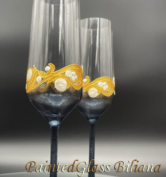 CRYSTAL SET of 2 wedding champagne flutes Inspiration in pearly white, gold and black color Cake serving set Gatsby style