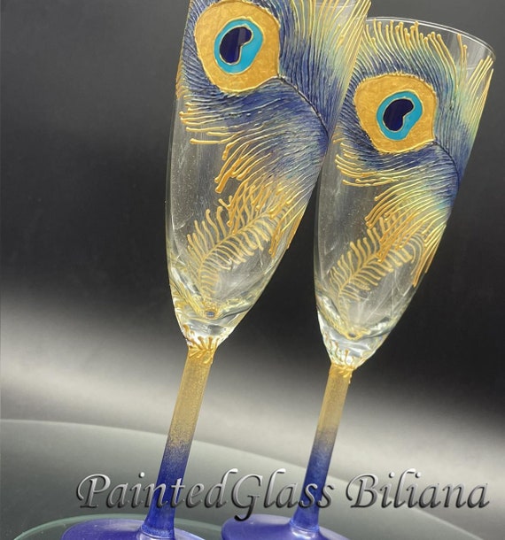Wedding Glasses Peacock feather Champagne Flutes Hand Painted Set of 2 Peacock theme wedding in Blue and Gold color
