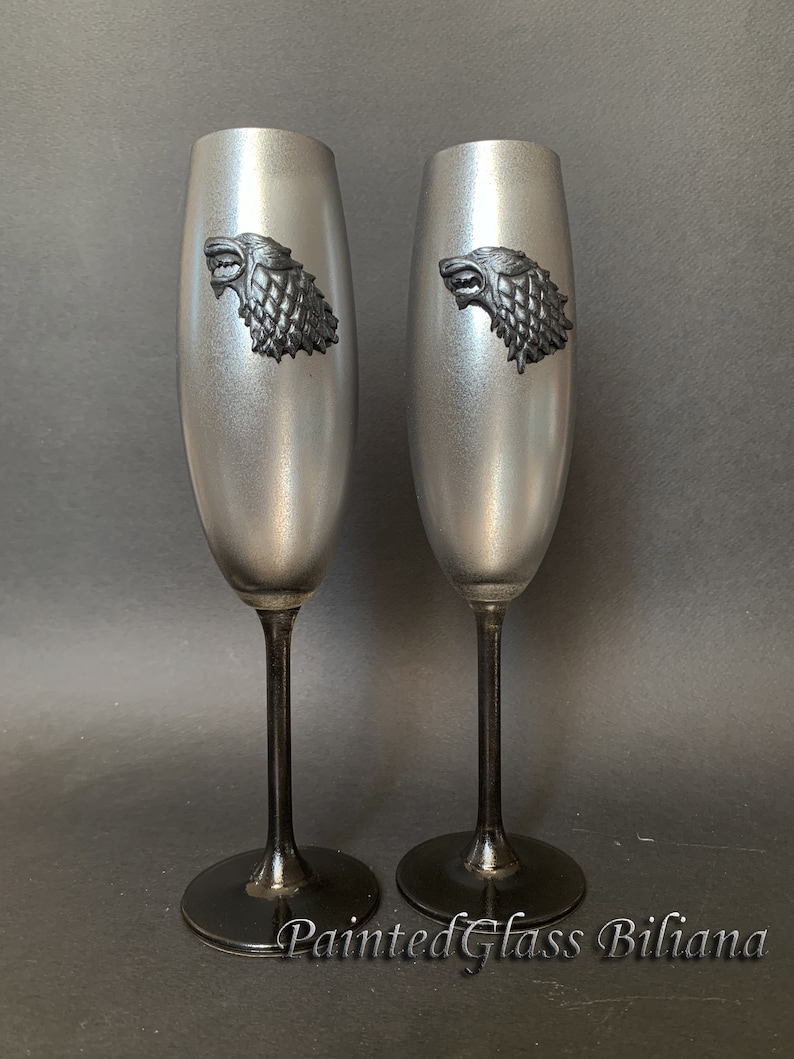 Game of thrones Set of 2 hand handmade hand painted wedding champagne flutes House Stark